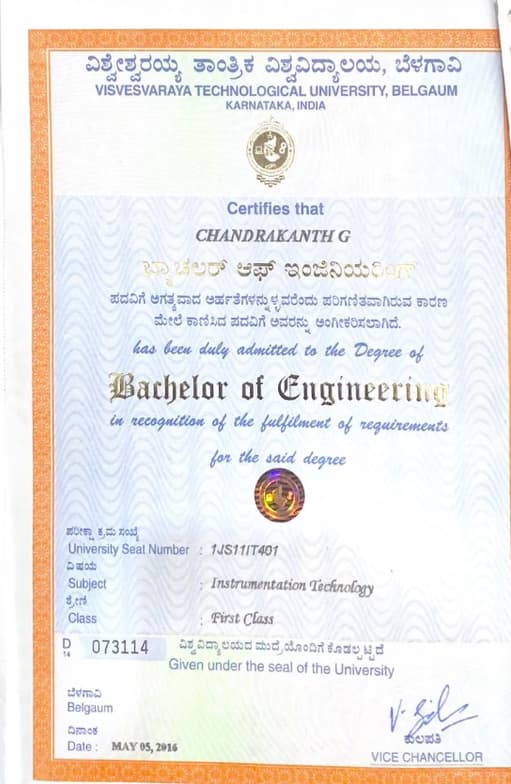 Verified degree or teaching certification of Chandrakanth 
