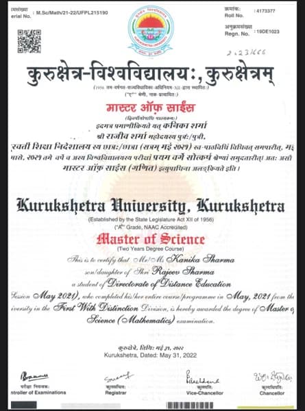 Verified degree or teaching certification of Kanika  
