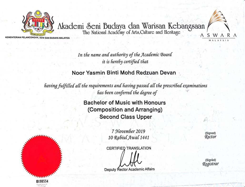 Verified degree or teaching certification of Yasmin 