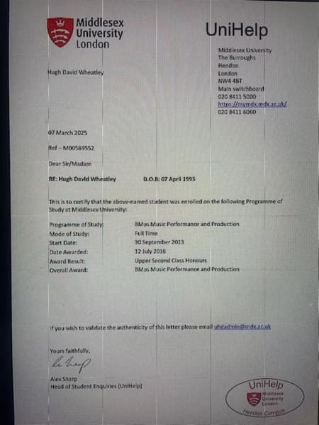 Verified degree or teaching certification of Hugh