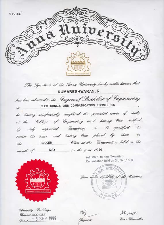 Verified degree or teaching certification of Kumareshwaran