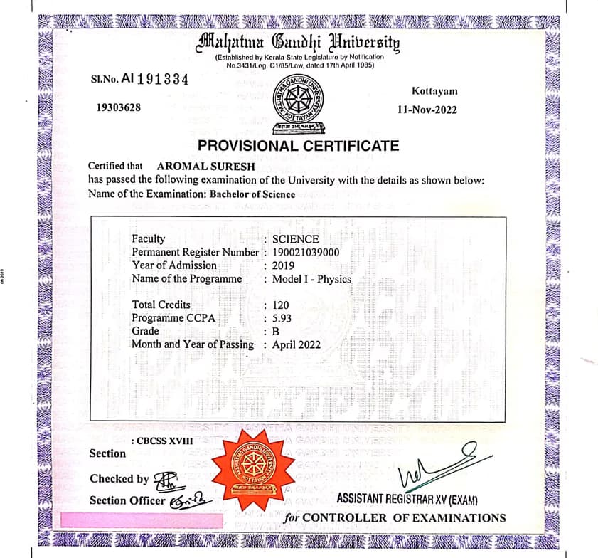 Verified degree or teaching certification of Aromal  