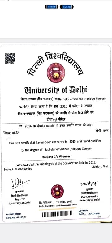 Verified degree or teaching certification of Deeksha 