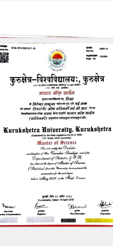 Verified degree or teaching certification of Deeksha 