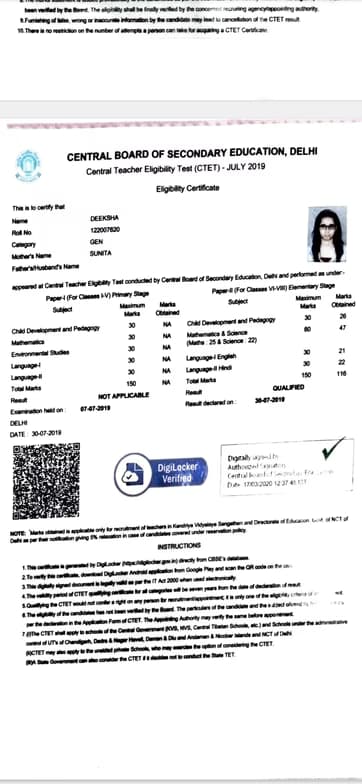 Verified degree or teaching certification of Deeksha 