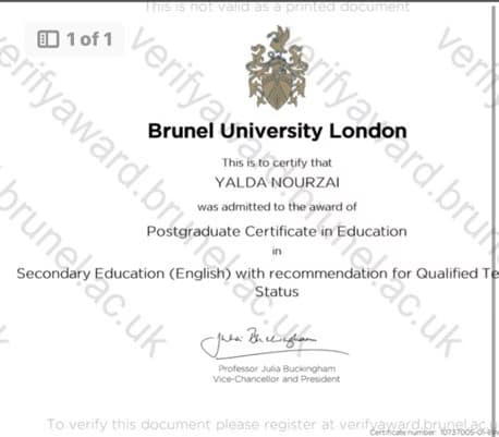 Verified degree or teaching certification of Yalda 