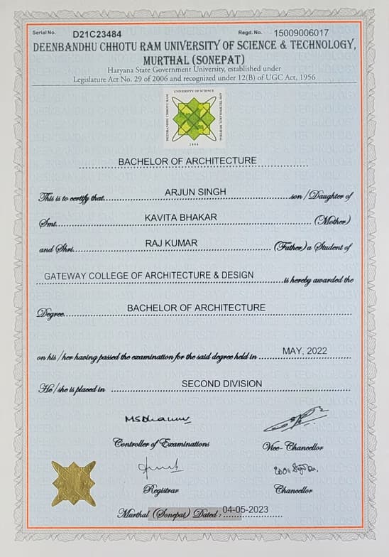 Verified degree or teaching certification of Arjun