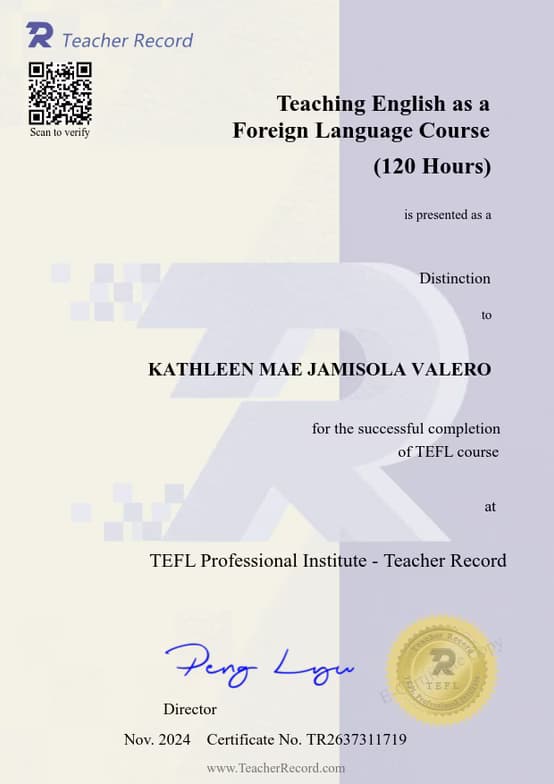 Verified degree or teaching certification of Kathleen Mae