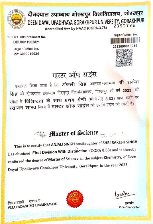 Verified degree or teaching certification of Anjali 