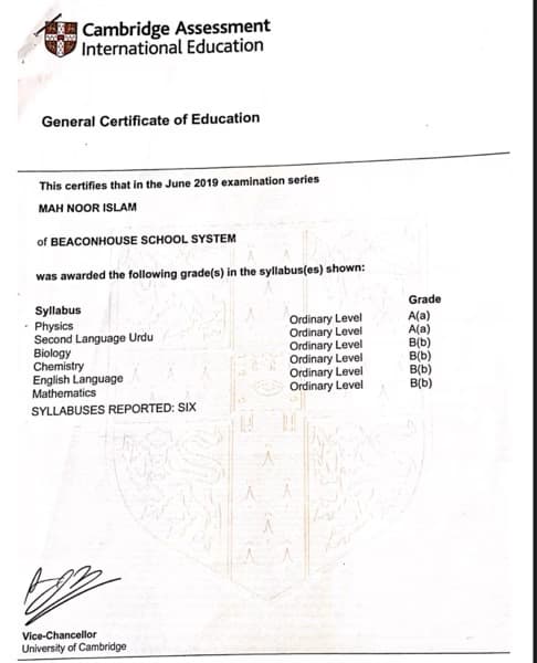 Verified degree or teaching certification of Mah Noor 