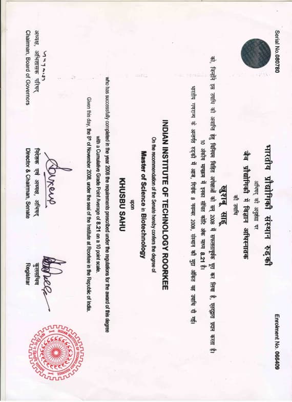 Verified degree or teaching certification of Khusbu 