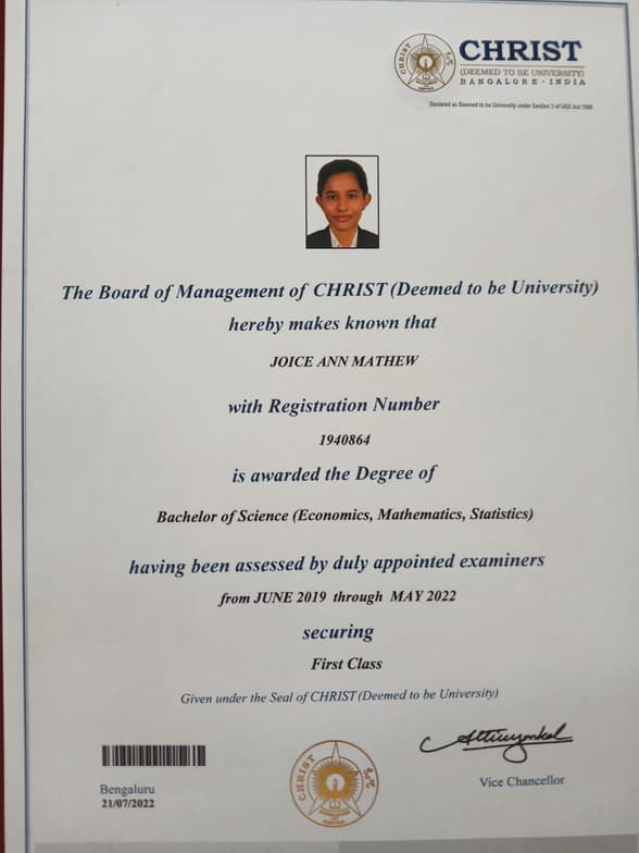 Verified degree or teaching certification of Joice 