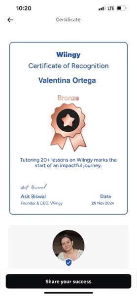 Verified degree or teaching certification of Valentina 