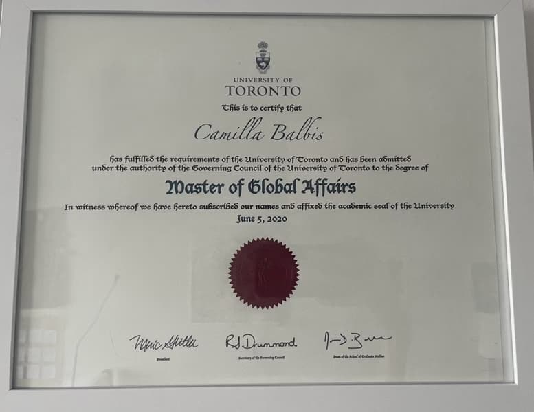 Verified degree or teaching certification of Camilla