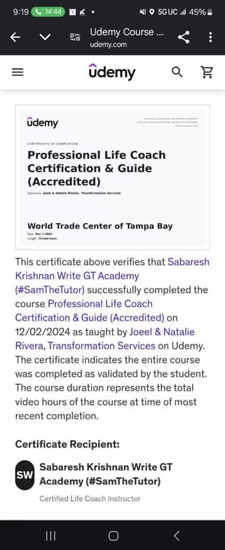 Verified degree or teaching certification of Sabaresh 