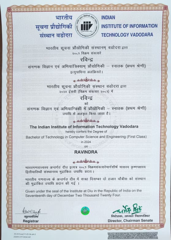 Verified degree or teaching certification of Ravindra 