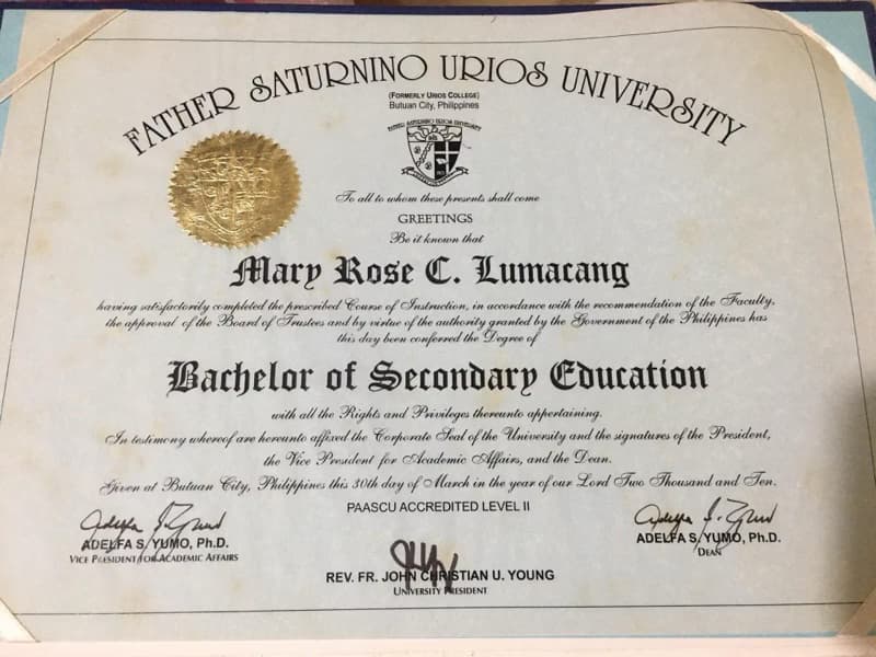 Verified degree or teaching certification of Mary Rose 