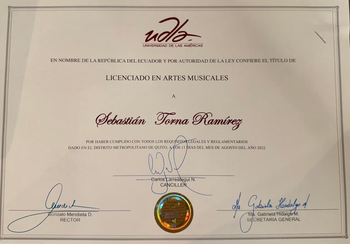 Verified degree or teaching certification of Sebastian  