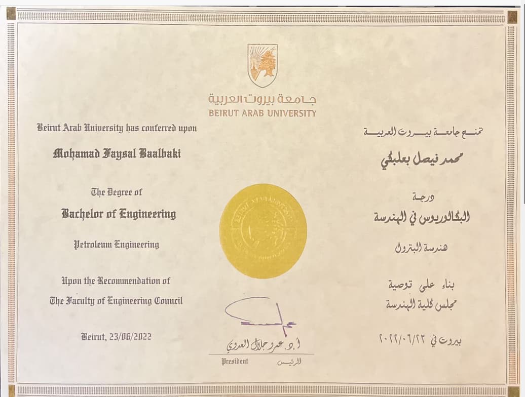 Verified degree or teaching certification of Mohamad 