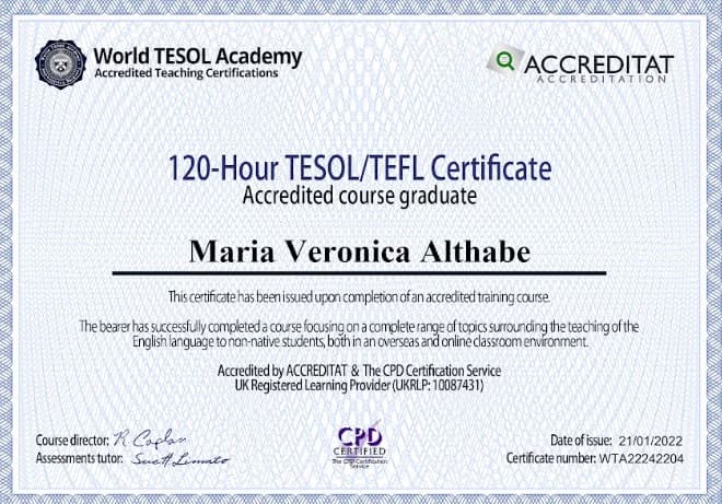 Verified degree or teaching certification of Maria 