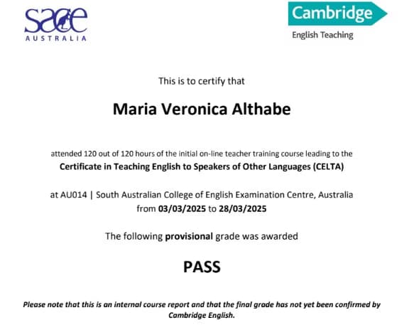 Verified degree or teaching certification of Maria 