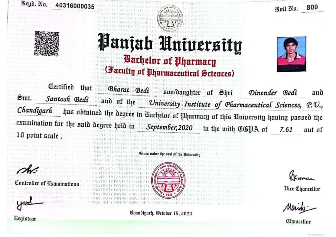 Verified degree or teaching certification of Bharat