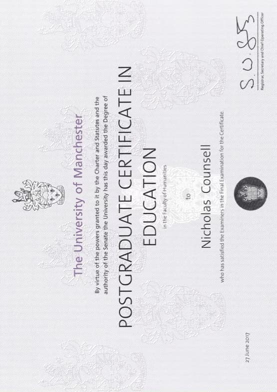 Verified degree or teaching certification of Nicholas 