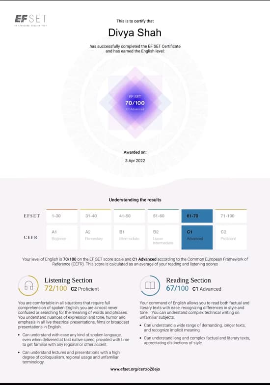 Verified degree or teaching certification of Divya 