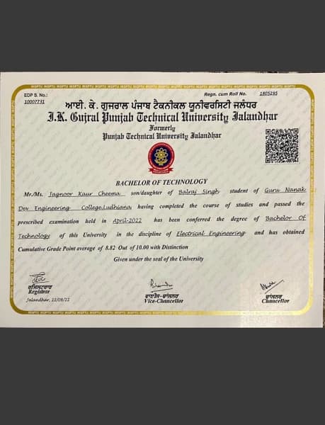 Verified degree or teaching certification of Jagnoor kaur 