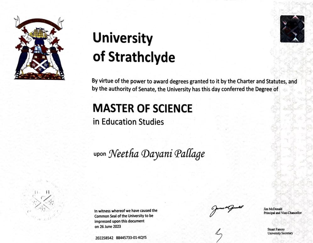 Verified degree or teaching certification of Neetha 