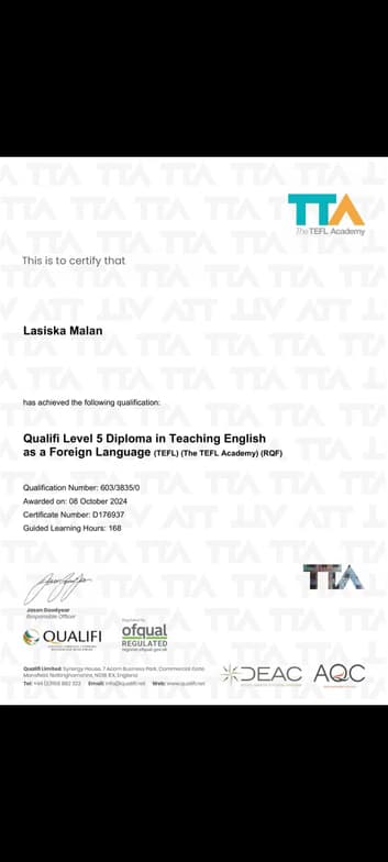 Verified degree or teaching certification of Lasiska  