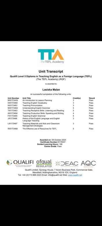 Verified degree or teaching certification of Lasiska  