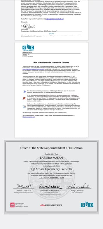 Verified degree or teaching certification of Lasiska  