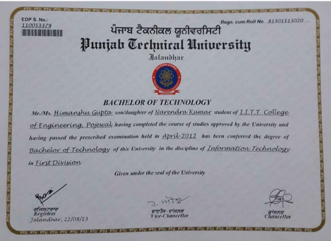Verified degree or teaching certification of himanshu 