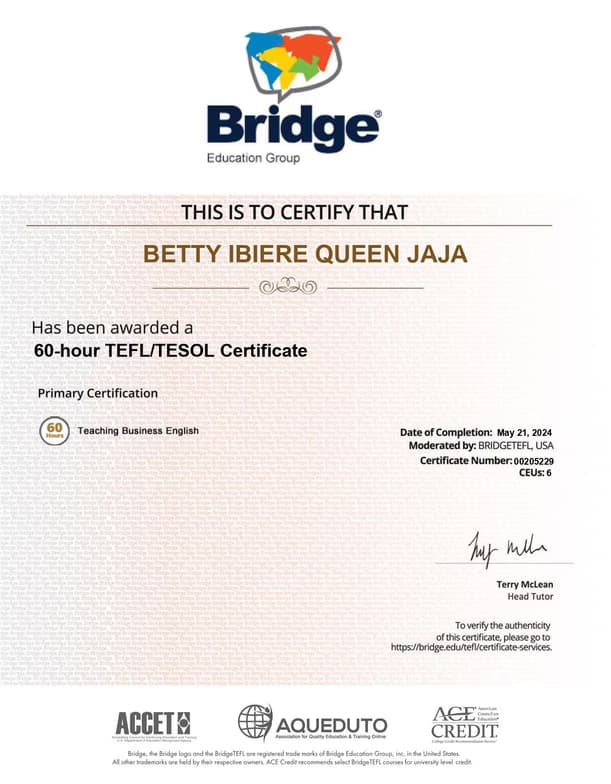 Verified degree or teaching certification of Betty 