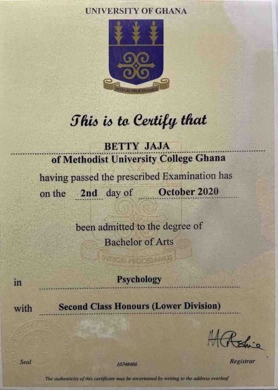 Verified degree or teaching certification of Betty 