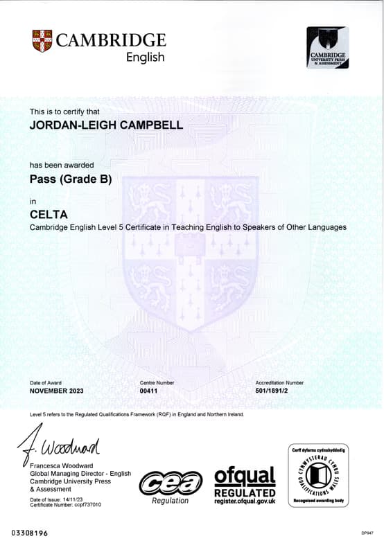 Verified degree or teaching certification of Jordan-Leigh