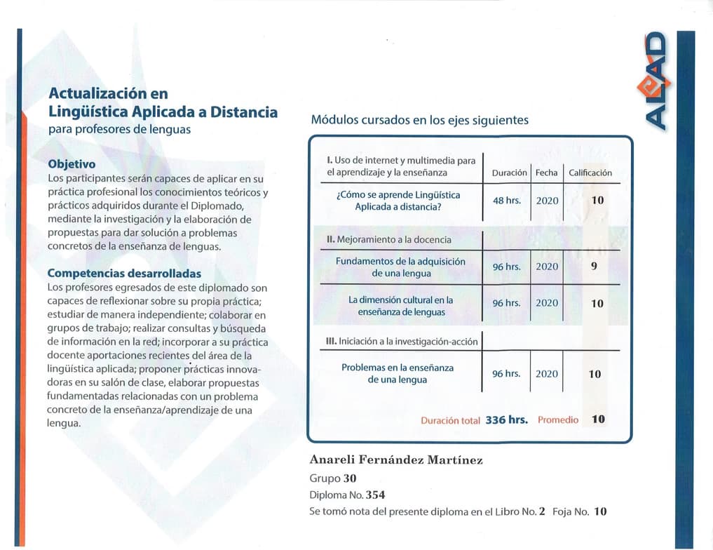 Verified degree or teaching certification of Anareli 