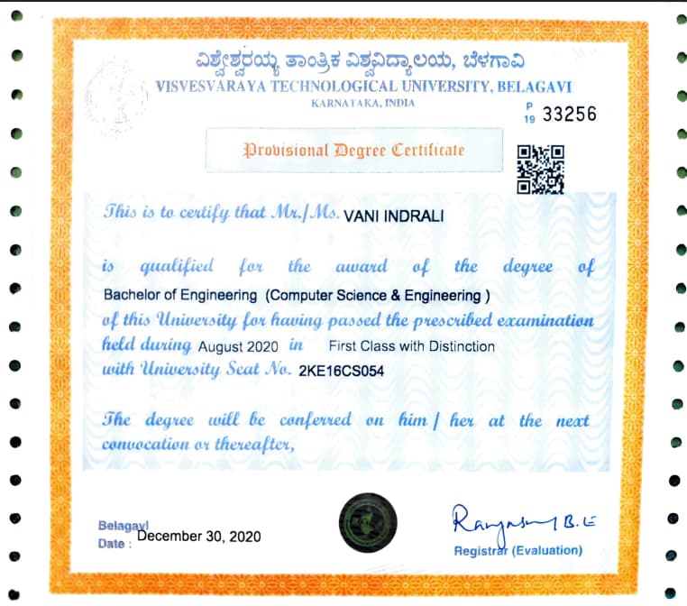 Verified degree or teaching certification of vani