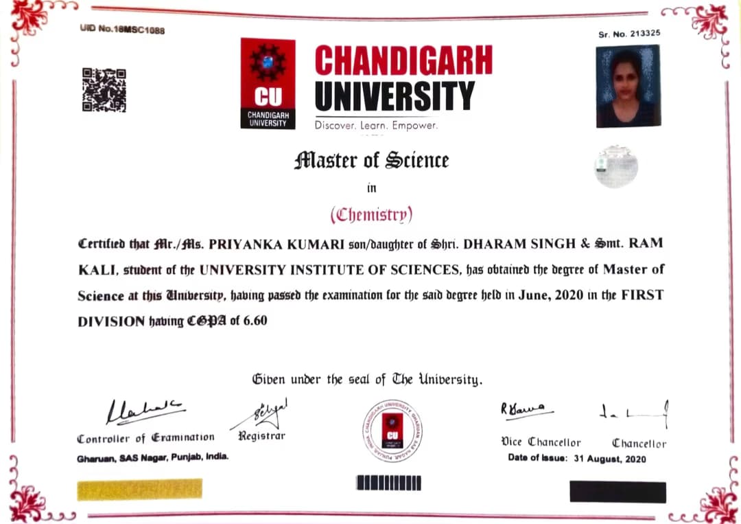 Verified degree or teaching certification of Priyanka  