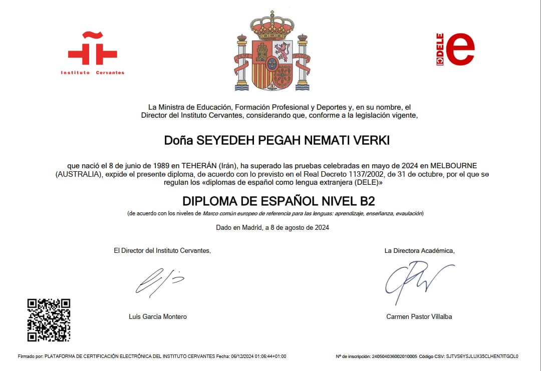 Verified degree or teaching certification of Pegah 