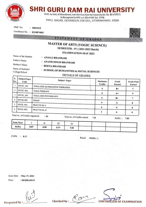 Verified degree or teaching certification of Anjali  