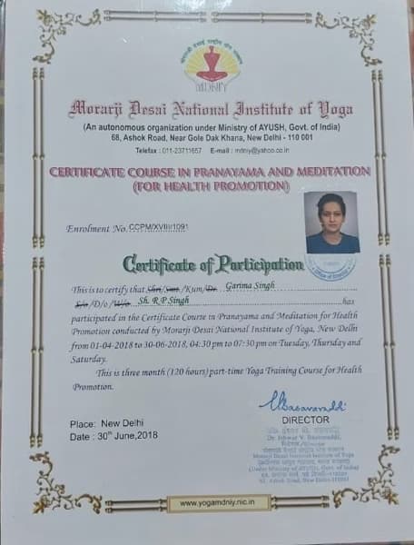 Verified degree or teaching certification of Garima  