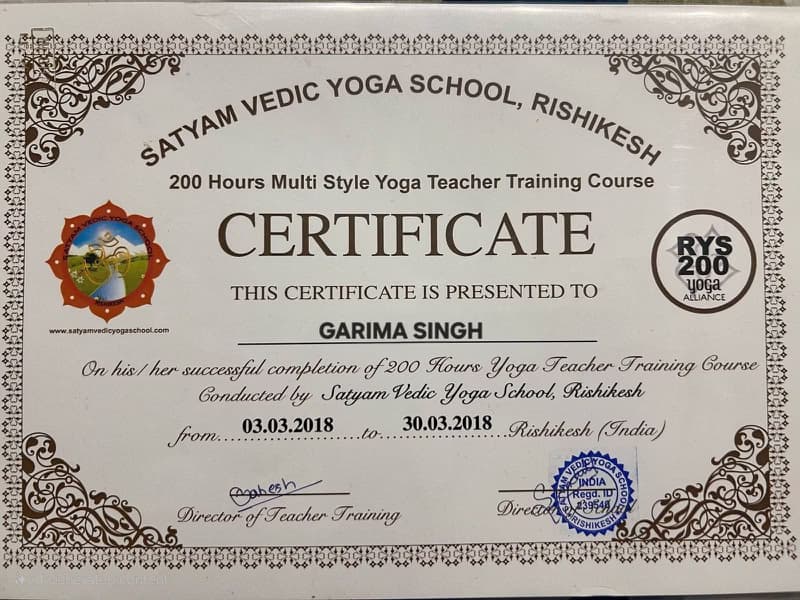 Verified degree or teaching certification of Garima  