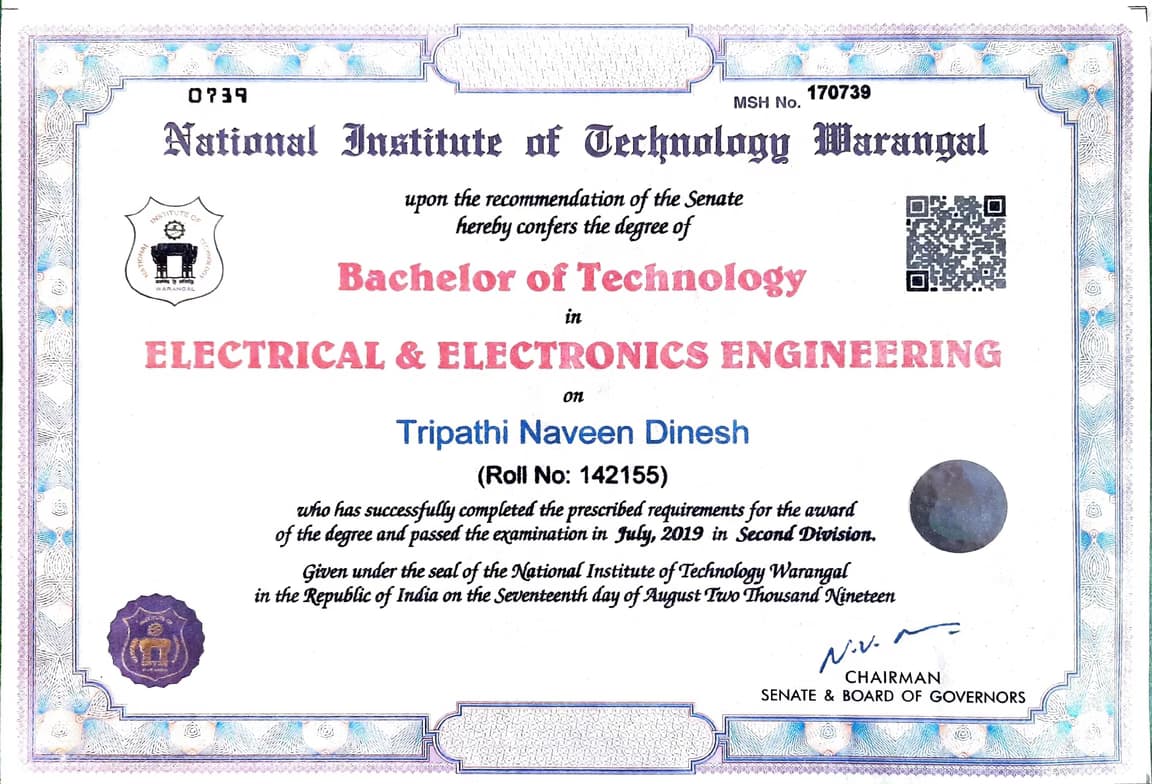Verified degree or teaching certification of Naveen 