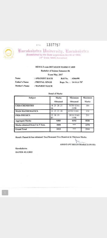 Verified degree or teaching certification of Amanjot 