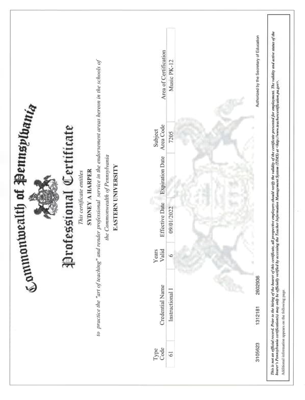 Verified degree or teaching certification of Summer 