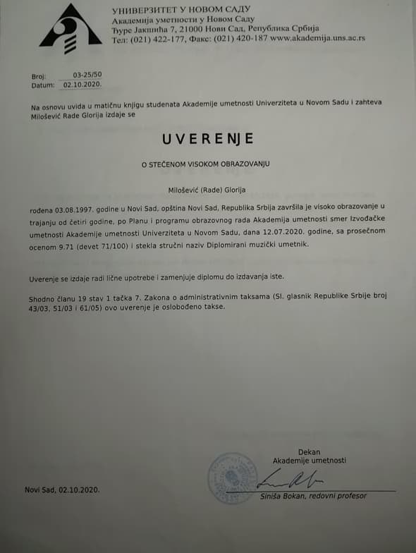 Verified degree or teaching certification of Gloria 