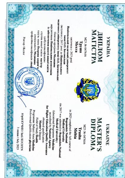 Verified degree or teaching certification of Dr.Trusha 