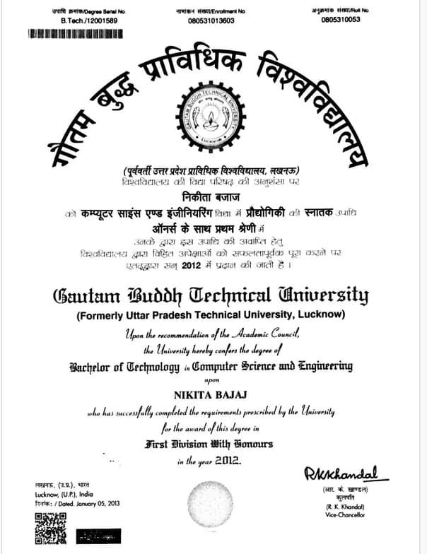 Verified degree or teaching certification of Nikita  